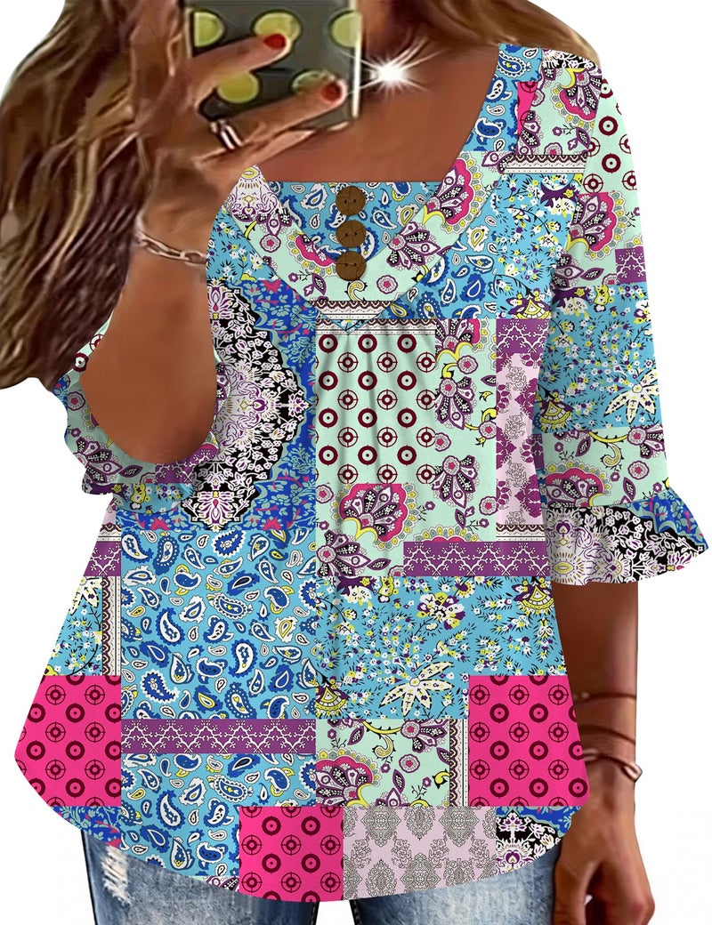 TFSDOD Boho Tops for Women Women's Plus Size 3/4 Sleeve Printed Tee Boho Loose Fit Blouses to Hide Belly 2026 Blue Boho 3XL - Image 1