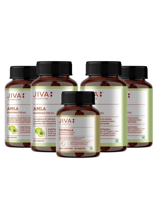 Jiva Amla Tablets 500mg 120 Tablets+Free 60 Triphala Tablets | 100% Ayurvedic Tablets, Rich In Vitamin C | Boosts Immunity & Improves Digestion | Improves Eyesight & Skin Health (Pack Of 4+1) - Image 1