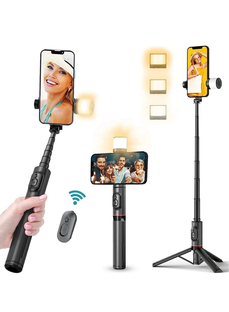 إلترازون Selfie Stick Tripod With Fill Light，Extendable Bluetooth Selfie Stick With Wireless Remote,Compatible With Most Android & IPhone IOS Device (C) - Image 1