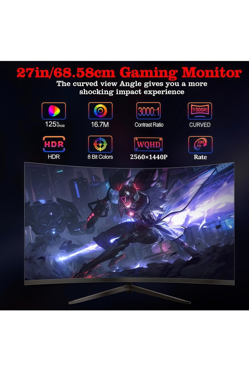 FlashHawk 2K 27 inch Curved Monitor with Speakers & LED Backlight, 180/144Hz QHD 2560x1440p Gaming Monitor with AMD FreeSync, Flicker-Free, 2* HDMI 2.0, 2*DP 1.4, Ultra-Thin Frameless 1500R Screen PC Monitor - Image 2