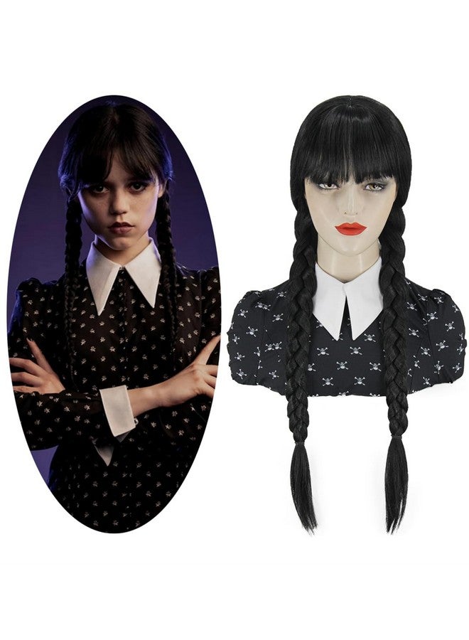 Juziviee باروكة Wednesday Addams للنساء والفتيات، باروكة طويلة سوداء مضفرة لزي Wednesday Addams للفتيات، باروكة ناعمة لطيفة مع غطاء شعر مستعار Jz025Bk - Image 2
