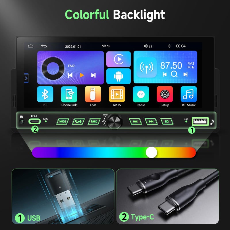 Driauto Single Din Touch Screen Car Stereo with Wireless Carplay and Android Auto, Universal Car Radio 1 DIN HD MP5 car Player 6.86" Support Bluetooth Mirror Link Steering Wheel Control EQ FM USB Type-C - Image 5