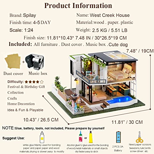 Spilay Dollhouse Miniature with Furniture,DIY Wooden Crafts Doll House Mini Handmade Kit,1:24 Scale Creative Room Idea Gift for Adult Friend Lover (West Creek House with Dust Cover Music Box Car) - Image 4
