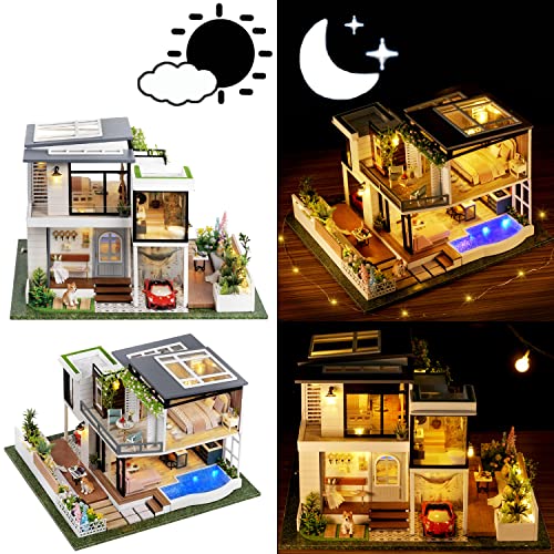Spilay Dollhouse Miniature with Furniture,DIY Wooden Crafts Doll House Mini Handmade Kit,1:24 Scale Creative Room Idea Gift for Adult Friend Lover (West Creek House with Dust Cover Music Box Car) - Image 3