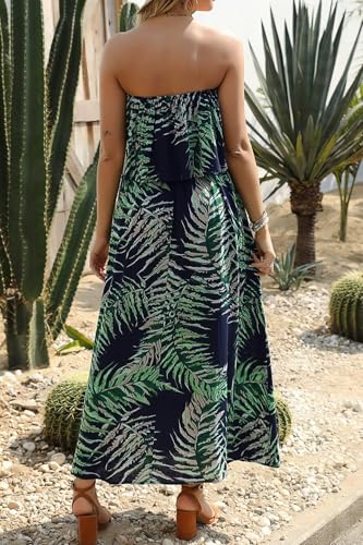 ZMPSIISA Women's Summer Off The Shoulder Maxi Dress Ruffle Strapless Blue White Porcelain Boho Casual Loose Long Dresses(A-Leaves Navy,Large) - Image 4