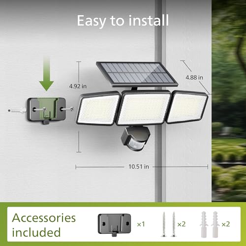 Philips Solar Security Light Outdoor 302 LED 1200lm，Solar-Powered Waterproof Wall-Mounted Flood Light w/PIR Motion Sensor, 3 Heads, IP65 Waterproof, 3 Modes 6 Packs - Image 3