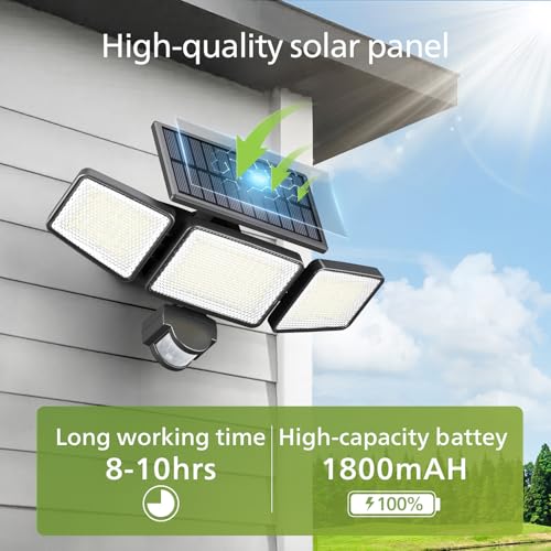 Philips Solar Security Light Outdoor 302 LED 1200lm，Solar-Powered Waterproof Wall-Mounted Flood Light w/PIR Motion Sensor, 3 Heads, IP65 Waterproof, 3 Modes 6 Packs - Image 5