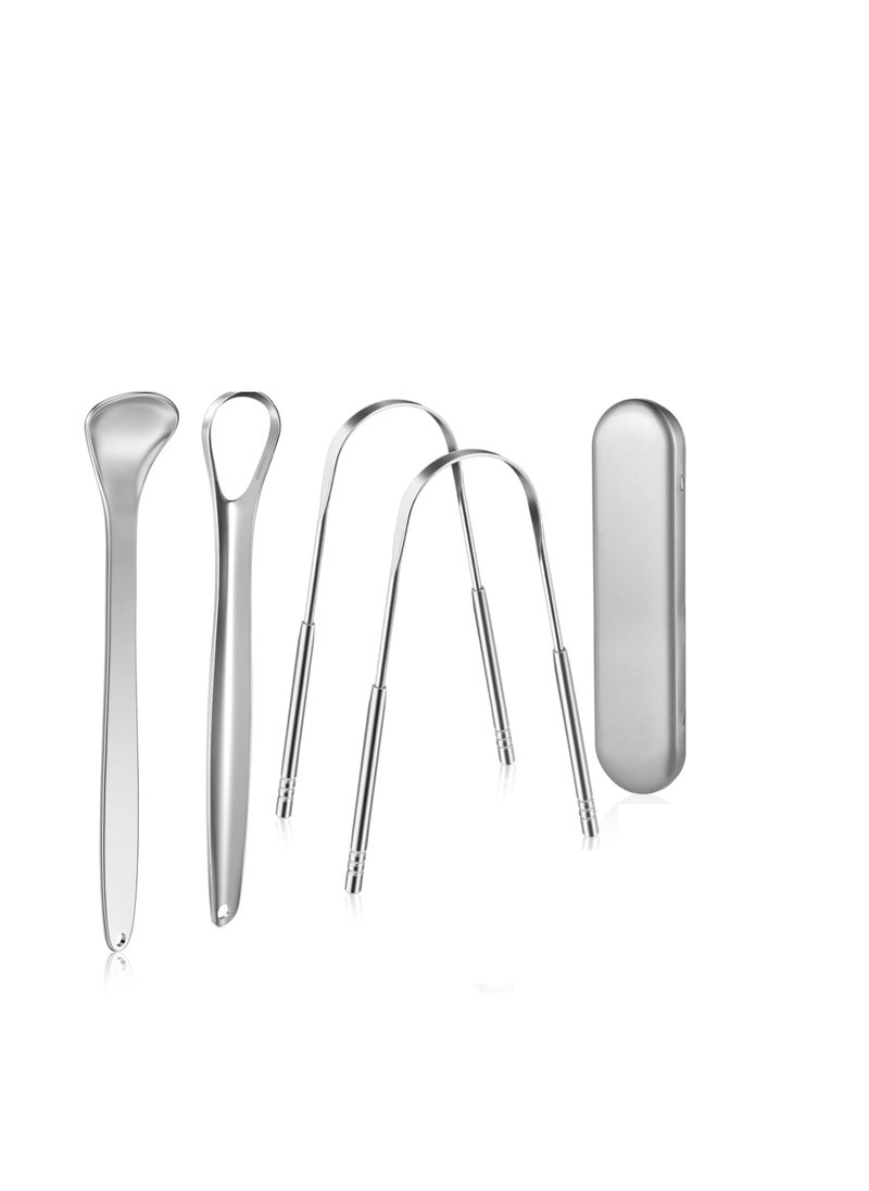 T NEWFUN Tongue Scraper For Adults,4 pc Stainless Steel For Oral Care, Reduce Bad Breath, With Metal Storage  - Image 1