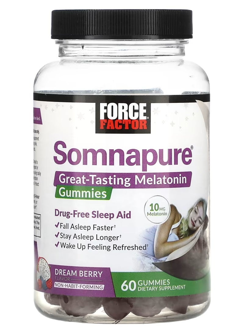 Force Factor Somnapure®, Great Tasting Melatonin Gummies, Dream Berry, 10 mg, 60 Gummies (5 mg per Gummy) - Image 1