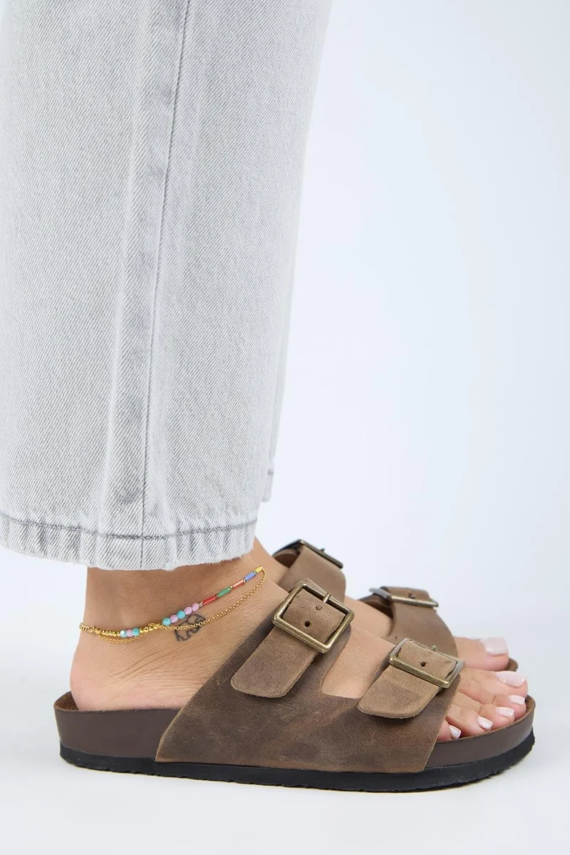 Manijero Manijero (Anjelic Vintage) Women's Genuine Leather Double Buckle Mink Slippers