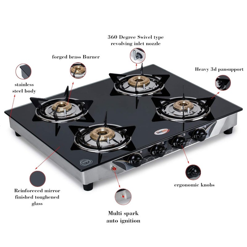 HORNBILLS HORNBILLS LPG Premium 3D Pan Support with Toughened Glass Stainless Steel Automatic Ignition Gas Stove 4 Brass Burners 1 Year Warranty By Hornbills Appliances  - Image 2