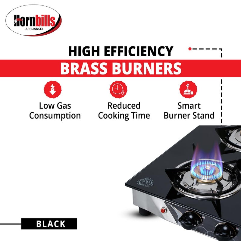 HORNBILLS HORNBILLS LPG Premium 3D Pan Support with Toughened Glass Stainless Steel Automatic Ignition Gas Stove 4 Brass Burners 1 Year Warranty By Hornbills Appliances  - Image 3