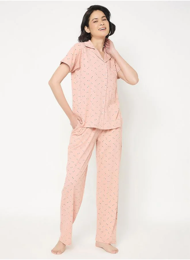 Clovia Clovia Floral Print Short Sleeve Shirt and Pyjama Set