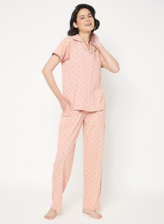 Clovia Floral Print Short Sleeve Shirt and Pyjama Set - Image 1