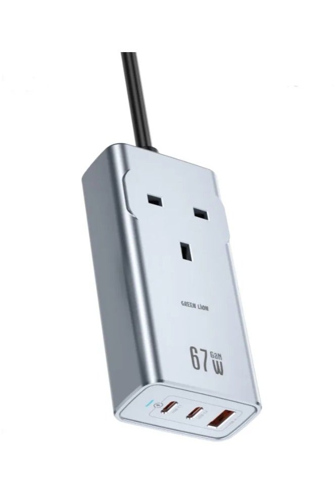 GREEN LION GaN Premium AC Socket 67W UK Socker with USB-A & 2xUSB-C Port / PPS Power Delivery / PC Flame Retardant / Fast Charging / Travel Friendly - grey - Image 1