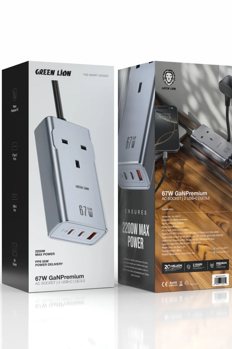 GREEN LION GaN Premium AC Socket 67W UK Socker with USB-A & 2xUSB-C Port / PPS Power Delivery / PC Flame Retardant / Fast Charging / Travel Friendly - grey - Image 3