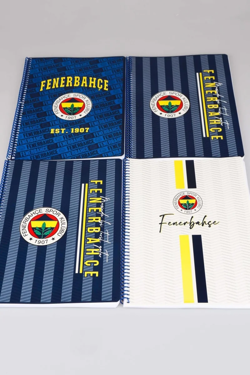 Fenerbahçe Licensed Spiraled 2 Pieces Checkered and 2 Pieces Striped A4 Cardboard Cover 72 Sheets Notebook Set