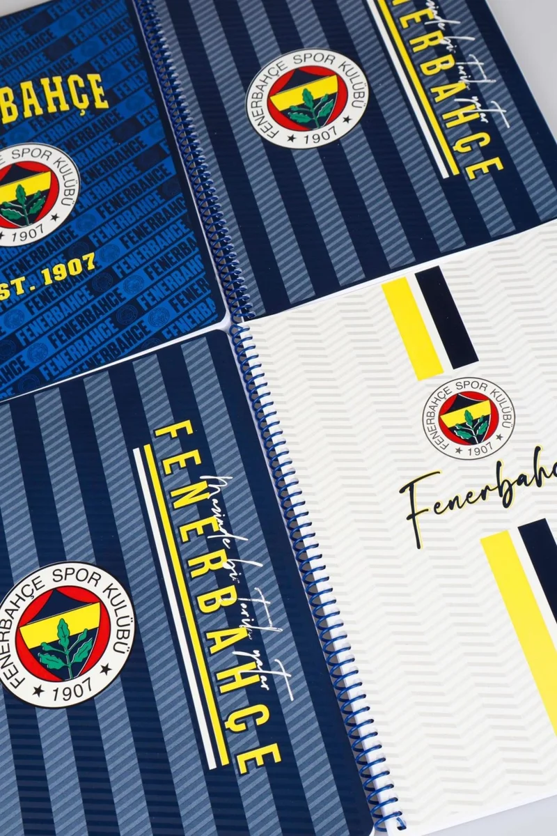 Fenerbahçe Licensed Spiraled 2 Pieces Checkered and 2 Pieces Striped A4 Cardboard Cover 72 Sheets Notebook Set