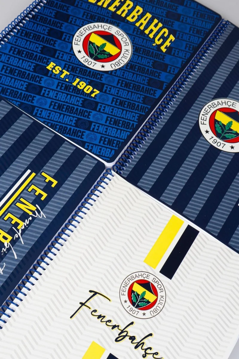 Fenerbahçe Licensed Spiraled 2 Pieces Checkered and 2 Pieces Striped A4 Cardboard Cover 72 Sheets Notebook Set