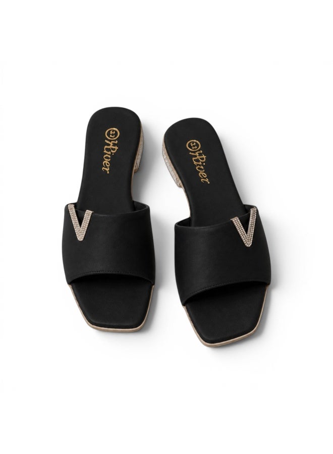 LIFESTYLISH slippers satin flat With a shiny V-shaped embellishment SL-234 - Black - Image 1