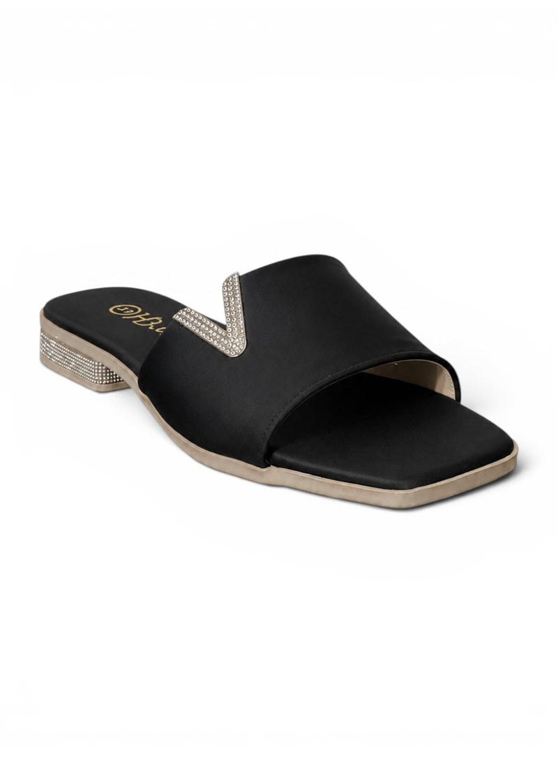 LIFESTYLISH slippers satin flat With a shiny V-shaped embellishment SL-234 - Black - Image 2