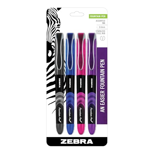 Zebra Pen, Fountain Pen, 0.6mm Fine Point, Stainless Steel Nib, Preloaded Assorted Ink, Smooth Ink Flow, Colorful Barrels, No Cartridge Needed, 4-Pack (48304) - Image 1