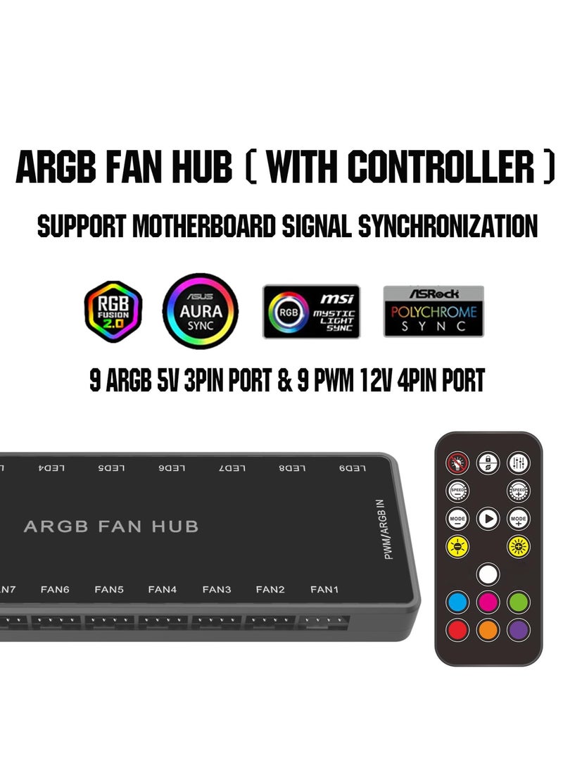 غنافوتو وحدة تحكم ARGB Fan HUB مع جهاز تحكم عن بعد، محور PWM يدعم 9 مجموعات من المراوح لـ ARGB 5V 3Pin و 12V 4Pin PWM القابلة للتحكم، مروحة RGB 2 في 1 مع قاعدة مغناطيسية مخفية ومصدر طاقة SATA (9 مجموعات) - Image 3