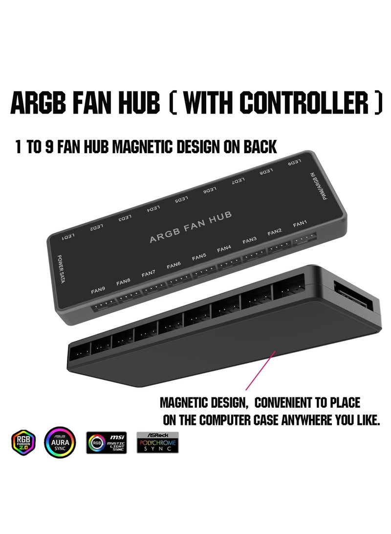 غنافوتو وحدة تحكم ARGB Fan HUB مع جهاز تحكم عن بعد، محور PWM يدعم 9 مجموعات من المراوح لـ ARGB 5V 3Pin و 12V 4Pin PWM القابلة للتحكم، مروحة RGB 2 في 1 مع قاعدة مغناطيسية مخفية ومصدر طاقة SATA (9 مجموعات) - Image 4