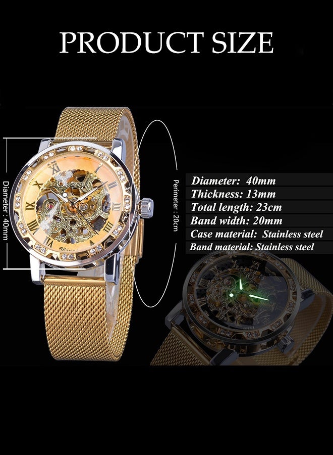 DUNISO Men's Watch Fashion Business Watch,Retro Manual Mechanical Skeleton  Watch ,with Diamond and Carving Flower,Luminous Mesh Strap Watch - Image 2
