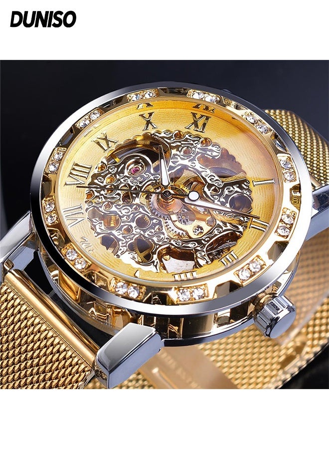 DUNISO Men's Watch Fashion Business Watch,Retro Manual Mechanical Skeleton  Watch ,with Diamond and Carving Flower,Luminous Mesh Strap Watch - Image 1