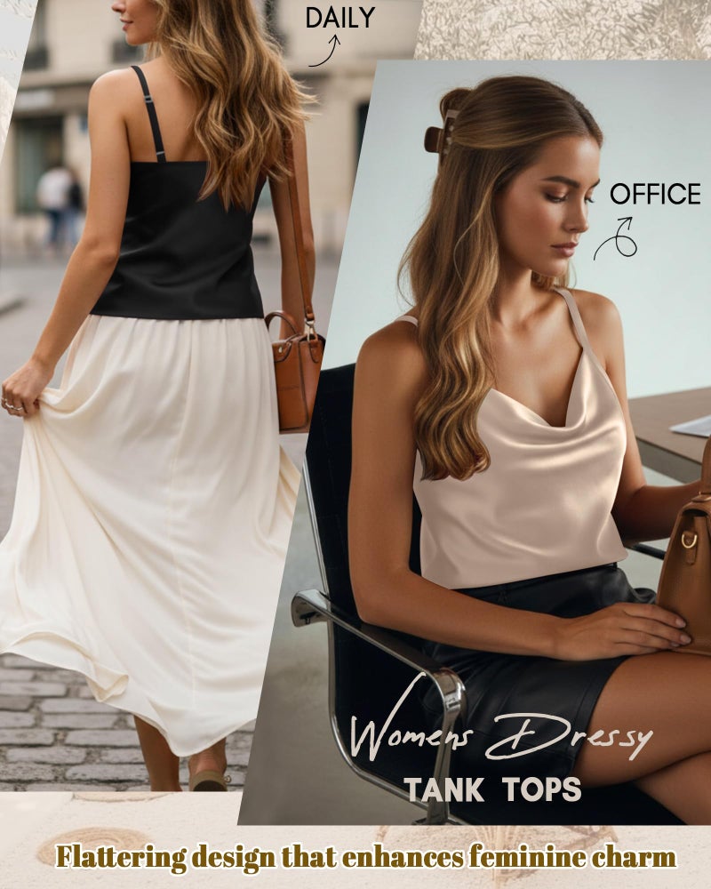 Xaatren 3 Pack Women's Silk Satin Camisole Cowl Neck Tank Tops Adjustable Spaghetti Strap Sleeveless Blouses Summer 2026(Black, White, Champagne,Large) - Image 5