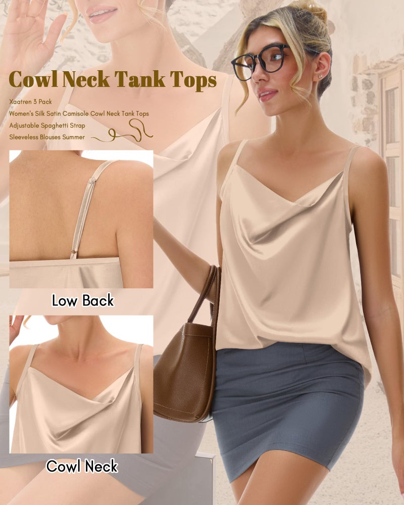 Xaatren 3 Pack Women's Silk Satin Camisole Cowl Neck Tank Tops Adjustable Spaghetti Strap Sleeveless Blouses Summer 2026(Black, White, Champagne,Large) - Image 4