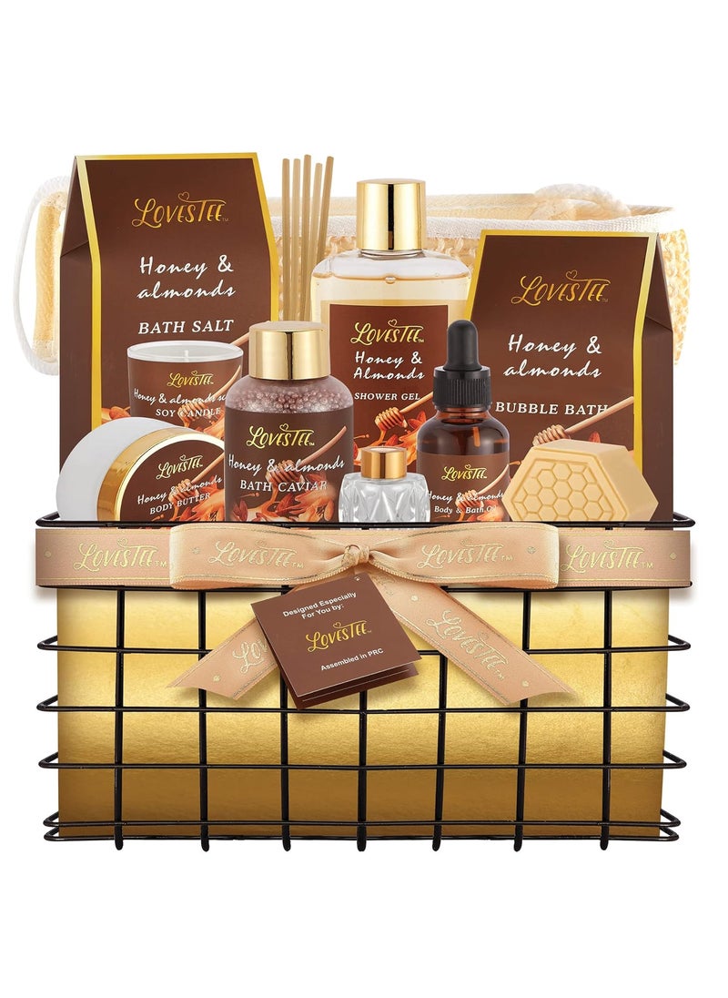 Lovestee Valentines Day Spa Gift Baskets For Women Honey Almond Bath and Body Set Birthday Gift Shower Gel Bubble Bath Body Butter Bath Salt Body Oil Candle Bath Caviar Soap Home Diffuser Scrubber 