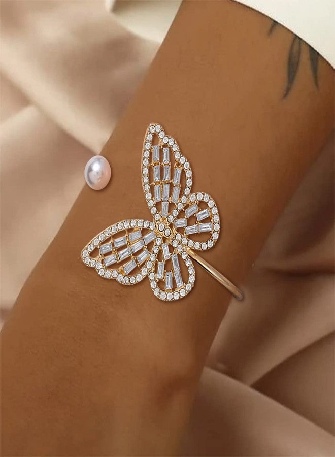 ELABEST Glitter Crystal Bracelet Rhinestone Bracelet Gold Dainty Hollow Bangle Wedding Bridal Bridesmaid Jewelry for Women (White Butterfly) - Image 2