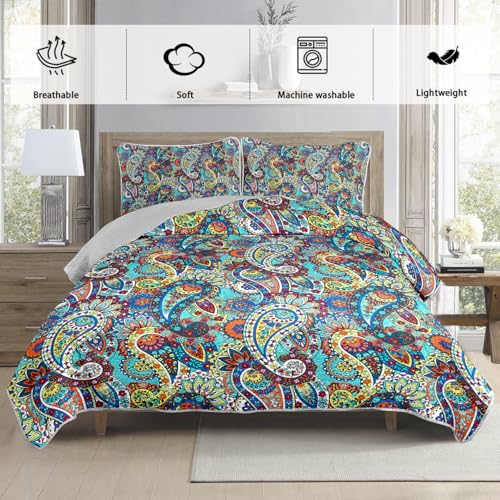 UEVBF Boho Style Queen Quilt Set,Bohemian Floral Quilt Beddding Set for Adults,Soft and Lightweight Bed Set for All Season,Colorful Quilted Beddding with 2 Pillowcases. - Image 3