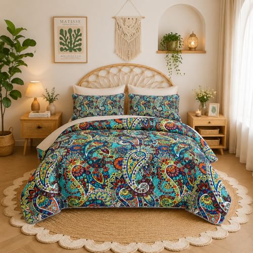 UEVBF Boho Style Queen Quilt Set,Bohemian Floral Quilt Beddding Set for Adults,Soft and Lightweight Bed Set for All Season,Colorful Quilted Beddding with 2 Pillowcases. - Image 1