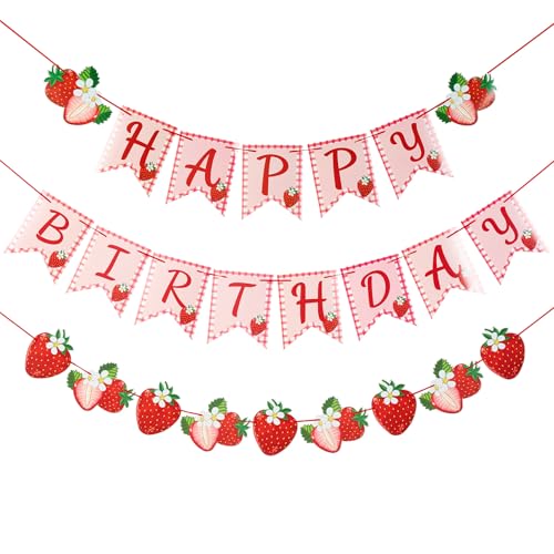 Paper Jazz Strawberry Hanging Banner DecorationsRed Fruit Banners Happy Birthday Red Berry First Birthday Party Supplies for Theme 1st Birthday And Garden PartyStrawberry Themed Party Favors - Image 1