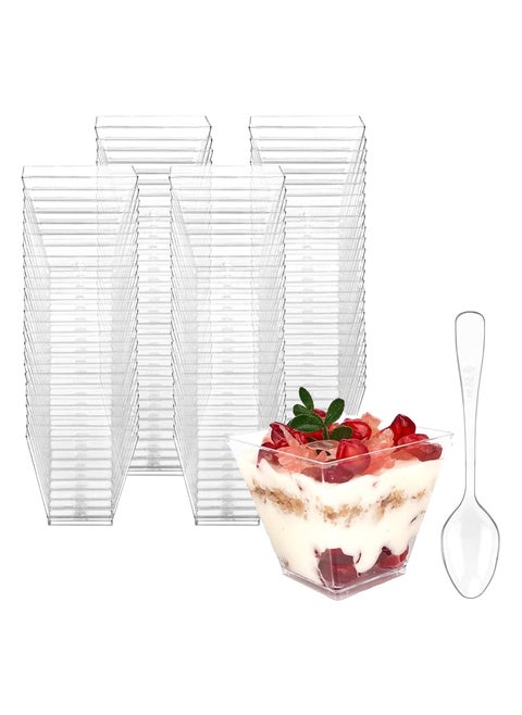 50 Pack 2 oz /60ml Mini Dessert Cups with Spoons, Square Clear Plastic Appetizer Cups, Reusable Parfait Cups, Small Dessert Bowls for Serving Fruit Ice Cream Pudding Yogurt