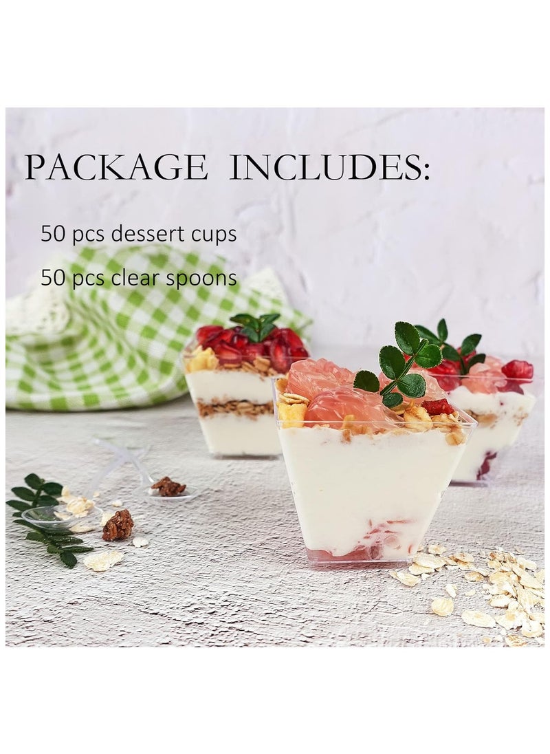 Generic - 50 Pack 2 oz /60ml Mini Dessert Cups with Spoons, Square Clear Plastic Appetizer Cups, Reusable Parfait Cups, Small Dessert Bowls for Serving Fruit Ice Cream Pudding Yogurt - Image 1