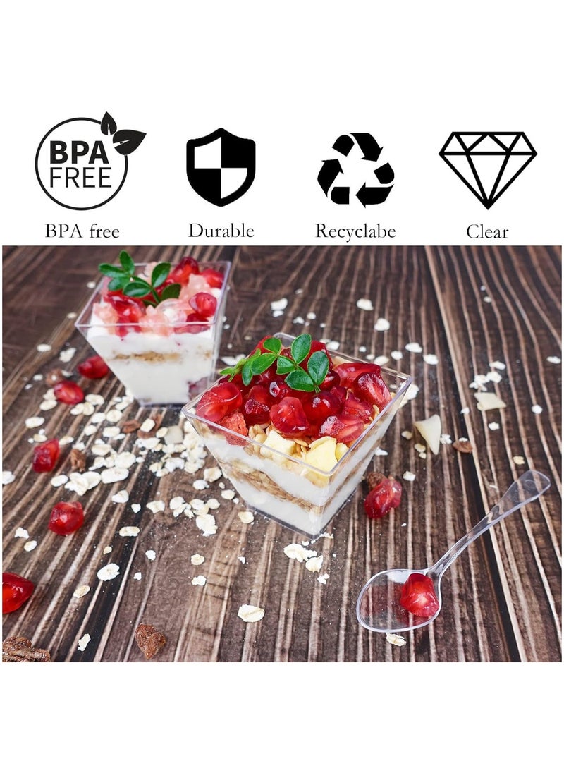 Generic - 50 Pack 2 oz /60ml Mini Dessert Cups with Spoons, Square Clear Plastic Appetizer Cups, Reusable Parfait Cups, Small Dessert Bowls for Serving Fruit Ice Cream Pudding Yogurt - Image 1