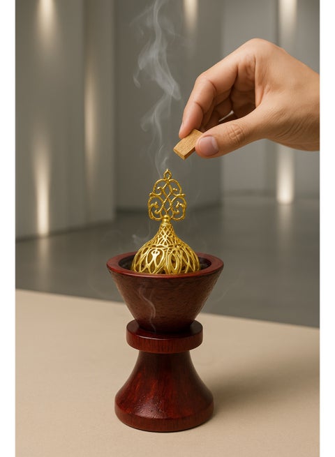 Luxury Wooden Mabkhara with Golden Metal Cover – Traditional Arabic Incense Burner for Bakhoor and Oud