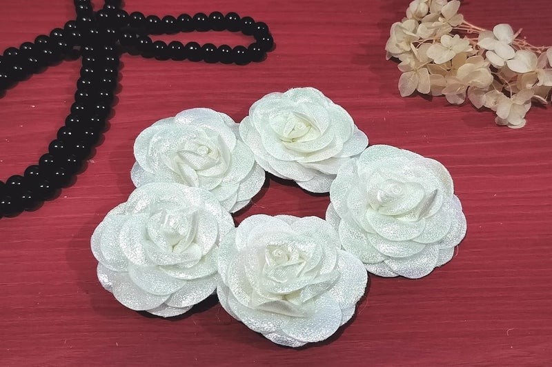 Generic Beads & Crafts: Artificial Glitter Fabric Rose Flowers 5.5cm for Home Decoration, Dress, Boutique, DIY Art Craft (Pack of 5 Pcs) (White)