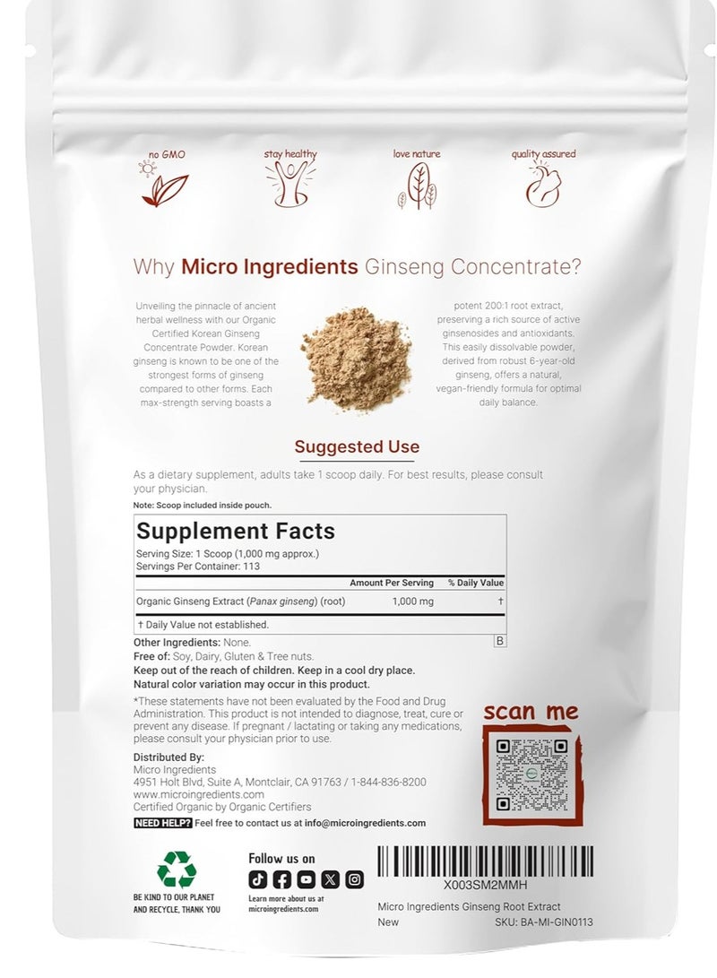 Micro Ingredients Maximum Strength Organic Korean Ginseng Root 200:1 Powder, 4 Ounce, Red Panax Ginseng Powder, Active Ginsenosides, Vegan Friendly  - Image 2