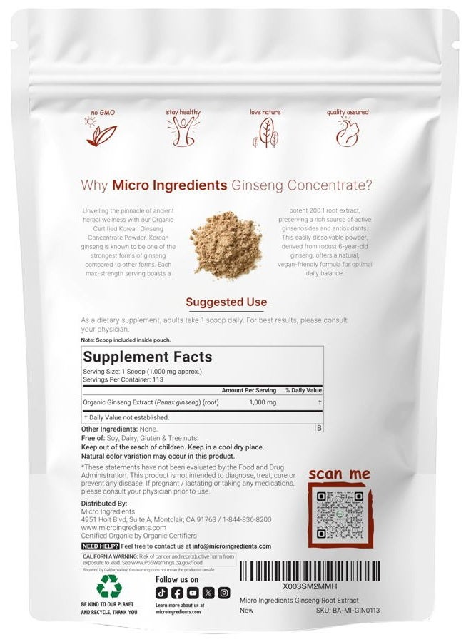 Micro Ingredients مسحوق جذر الجنسنغ الكوري العضوي بقوة قصوى 200:1، 4 أونصة، مسحوق الجنسنغ الأحمر باناكس، جينسنوسيدات نشطة، مناسب للنباتيين - Image 2