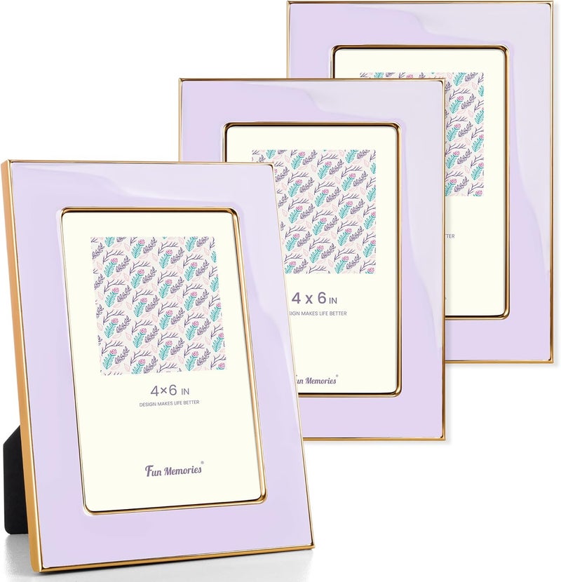 Fun Memories 4x6 Picture Frame - 3pcs Purple Enamel Glass Photo Frame with Gold Metal Edge & Easel for Display Picture Frame on Countertops, Tabletops, Bookshelves, Desks, Walls (Purple/Gold) - Image 1