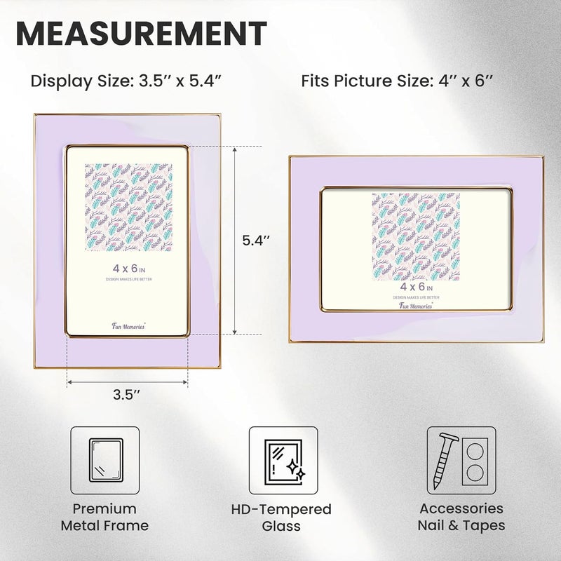 Fun Memories 4x6 Picture Frame - 3pcs Purple Enamel Glass Photo Frame with Gold Metal Edge & Easel for Display Picture Frame on Countertops, Tabletops, Bookshelves, Desks, Walls (Purple/Gold) - Image 4