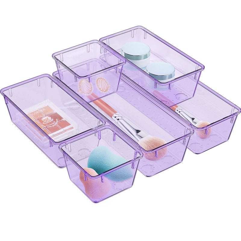 WOWBOX 6 Pack Clear Drawer Organizer Set, Acrylic Drawer Storage Trays, Storage Bins for Makeup, Cosmetics, Jewelries, Utensils, Gadgets, Office, Purple - Image 1