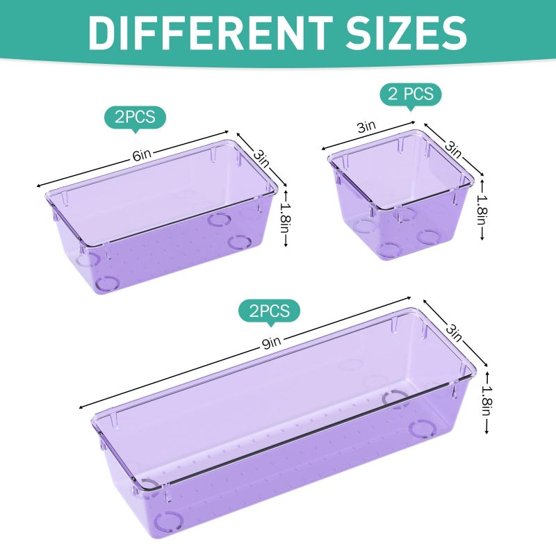 WOWBOX 6 Pack Clear Drawer Organizer Set, Acrylic Drawer Storage Trays, Storage Bins for Makeup, Cosmetics, Jewelries, Utensils, Gadgets, Office, Purple - Image 2
