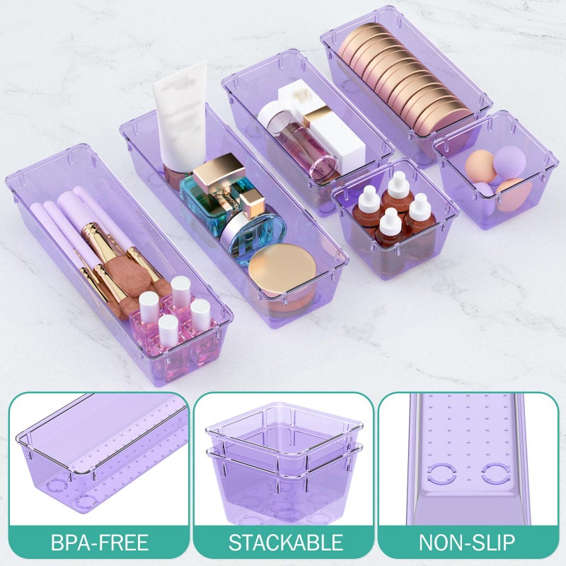 WOWBOX 6 Pack Clear Drawer Organizer Set, Acrylic Drawer Storage Trays, Storage Bins for Makeup, Cosmetics, Jewelries, Utensils, Gadgets, Office, Purple - Image 3