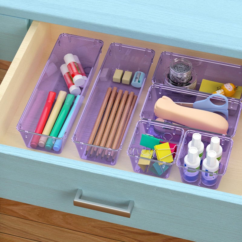 WOWBOX 6 Pack Clear Drawer Organizer Set, Acrylic Drawer Storage Trays, Storage Bins for Makeup, Cosmetics, Jewelries, Utensils, Gadgets, Office, Purple - Image 5